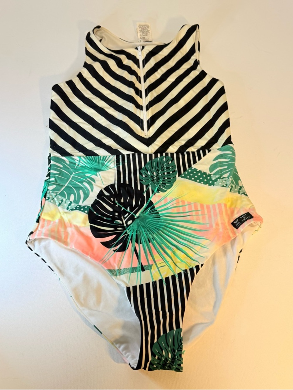 ROXY Striped Tropical Zip Front One Piece Swimsuit Medium "Save the Swell"